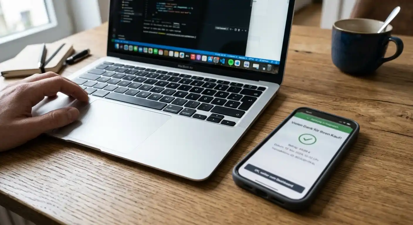 Smartphone mit Bestätigungsanzeige neben Laptop-Tastatur