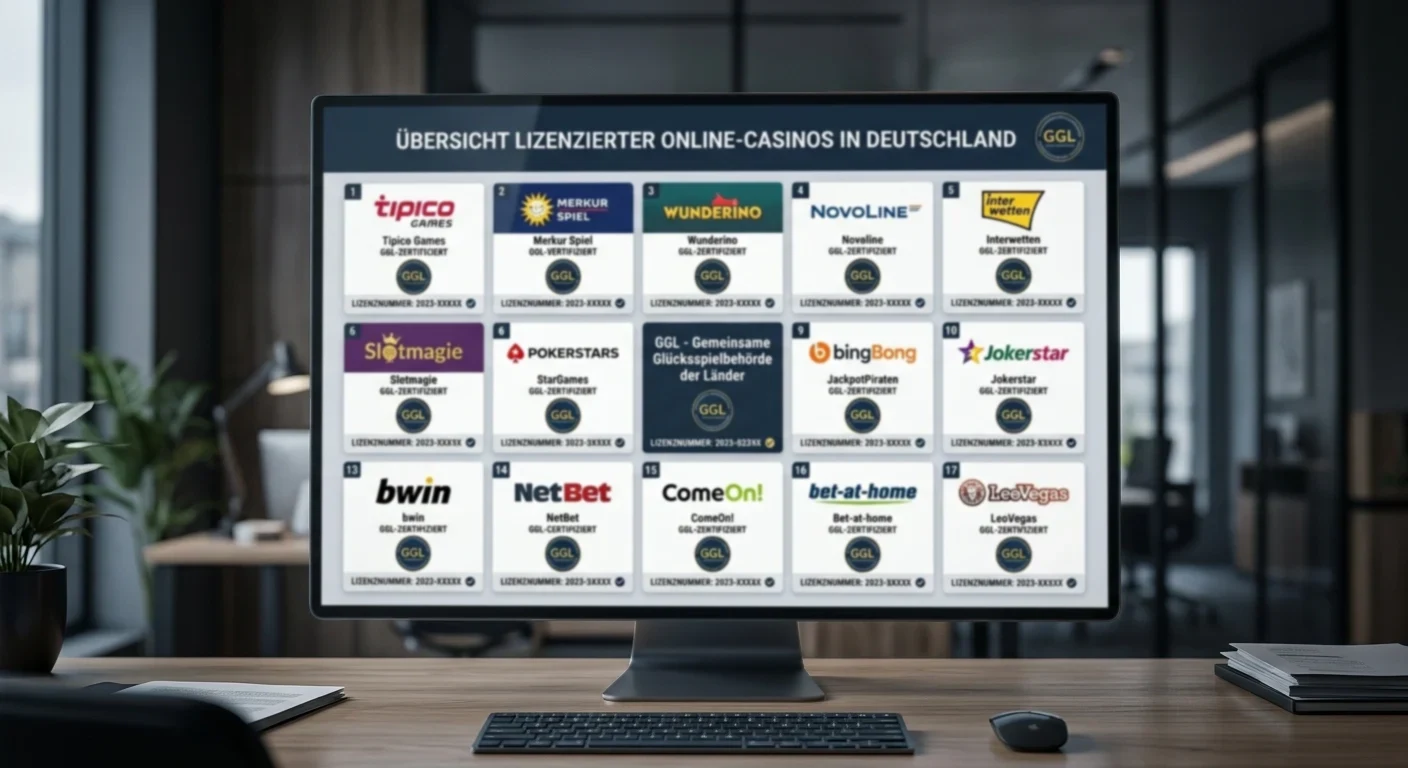 Übersichtskarte mit 17 Casino-Logos und GGL-Zertifizierungssymbolen