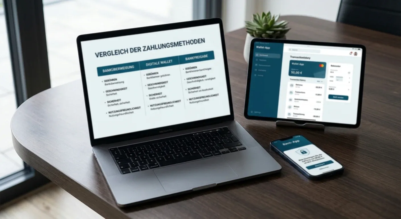 Vergleich von Banküberweisung, Wallet und Bankfreigabe