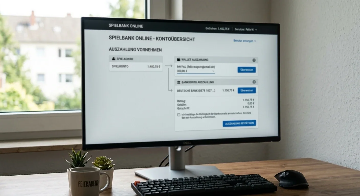 Neutrale Darstellung eines Auszahlungswegs vom Spielkonto zu Wallet und Bankkonto