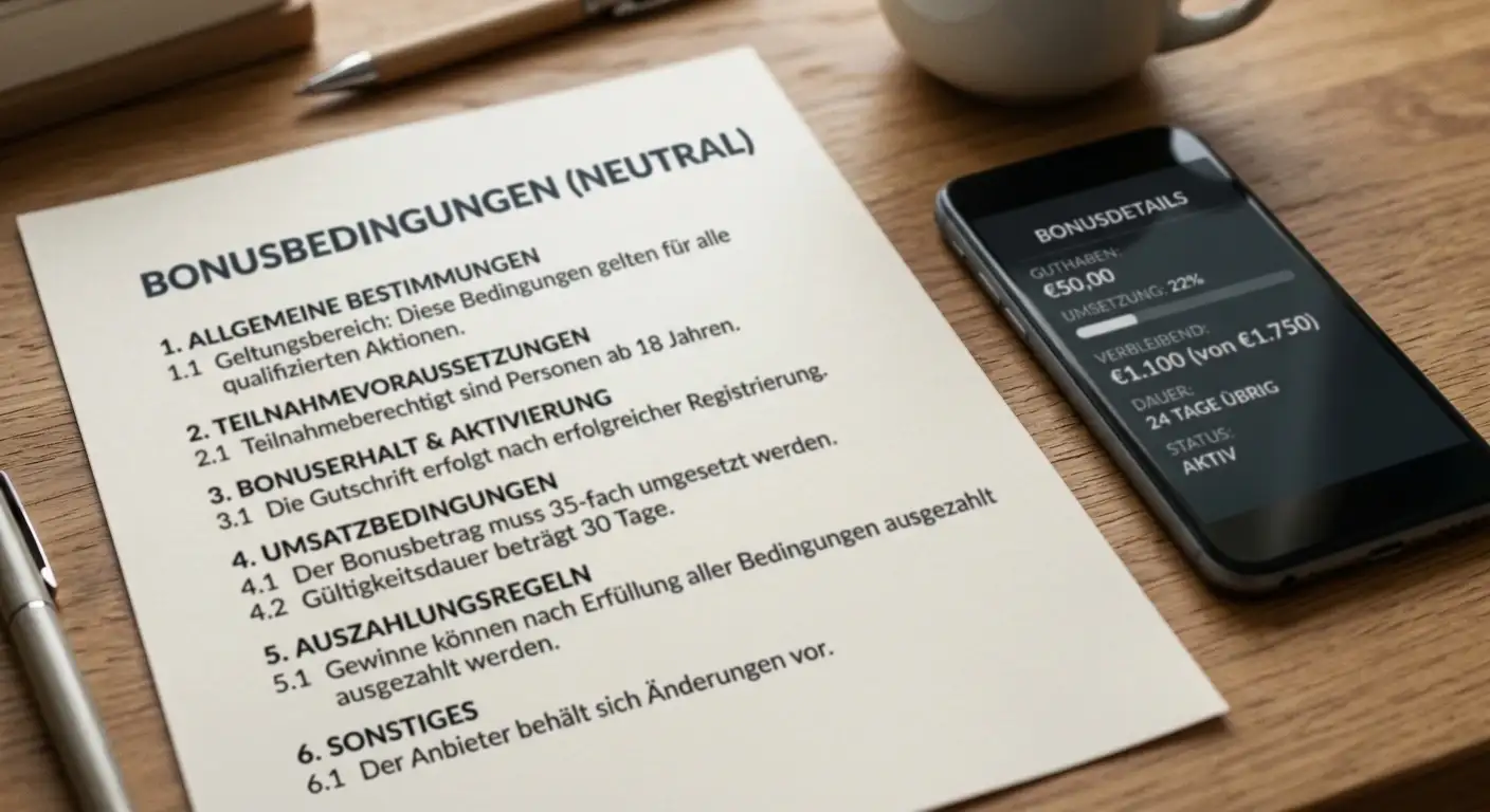 Neutrale Bonusbedingungen auf einem Dokument neben einem Smartphone ohne Markenlogo