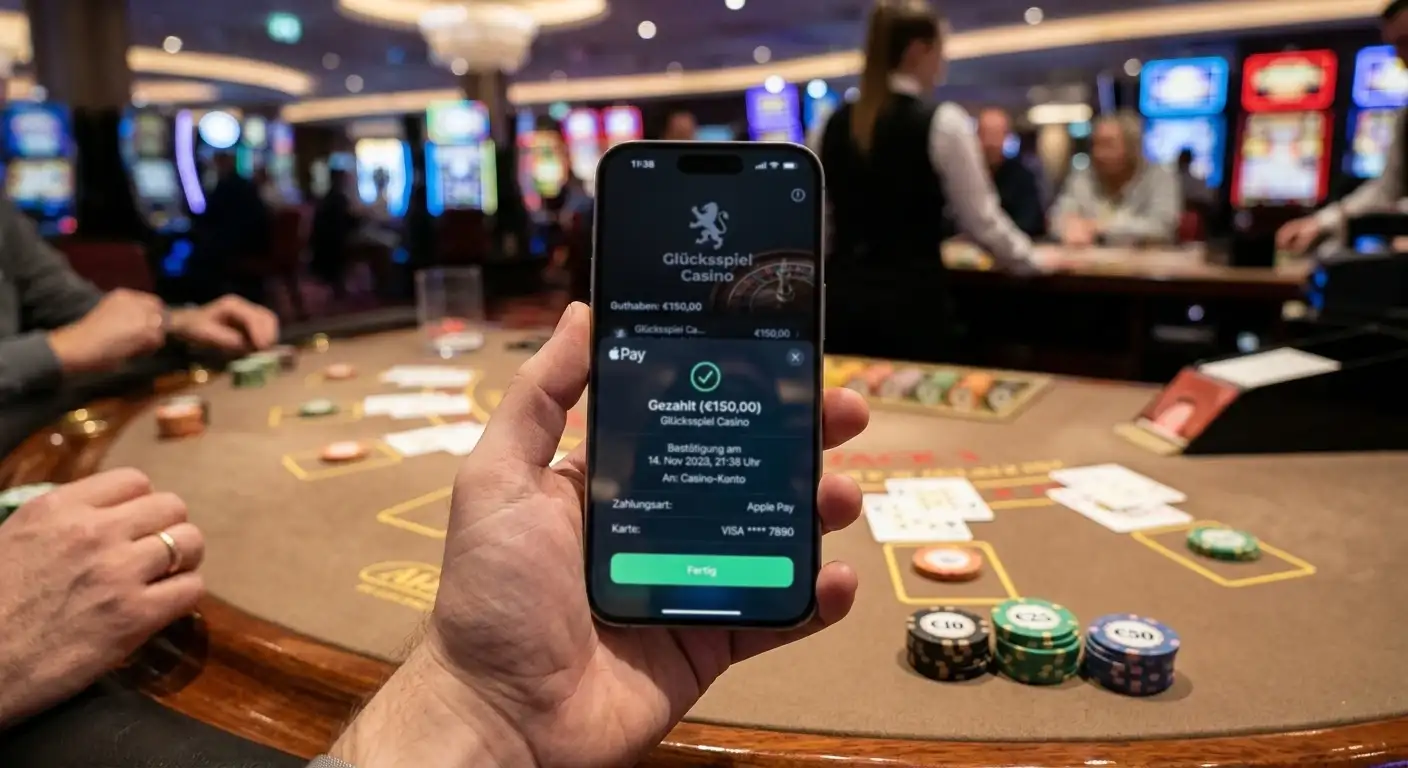iPhone zeigt Apple Pay Zahlungsbestätigung im Casino-Interface