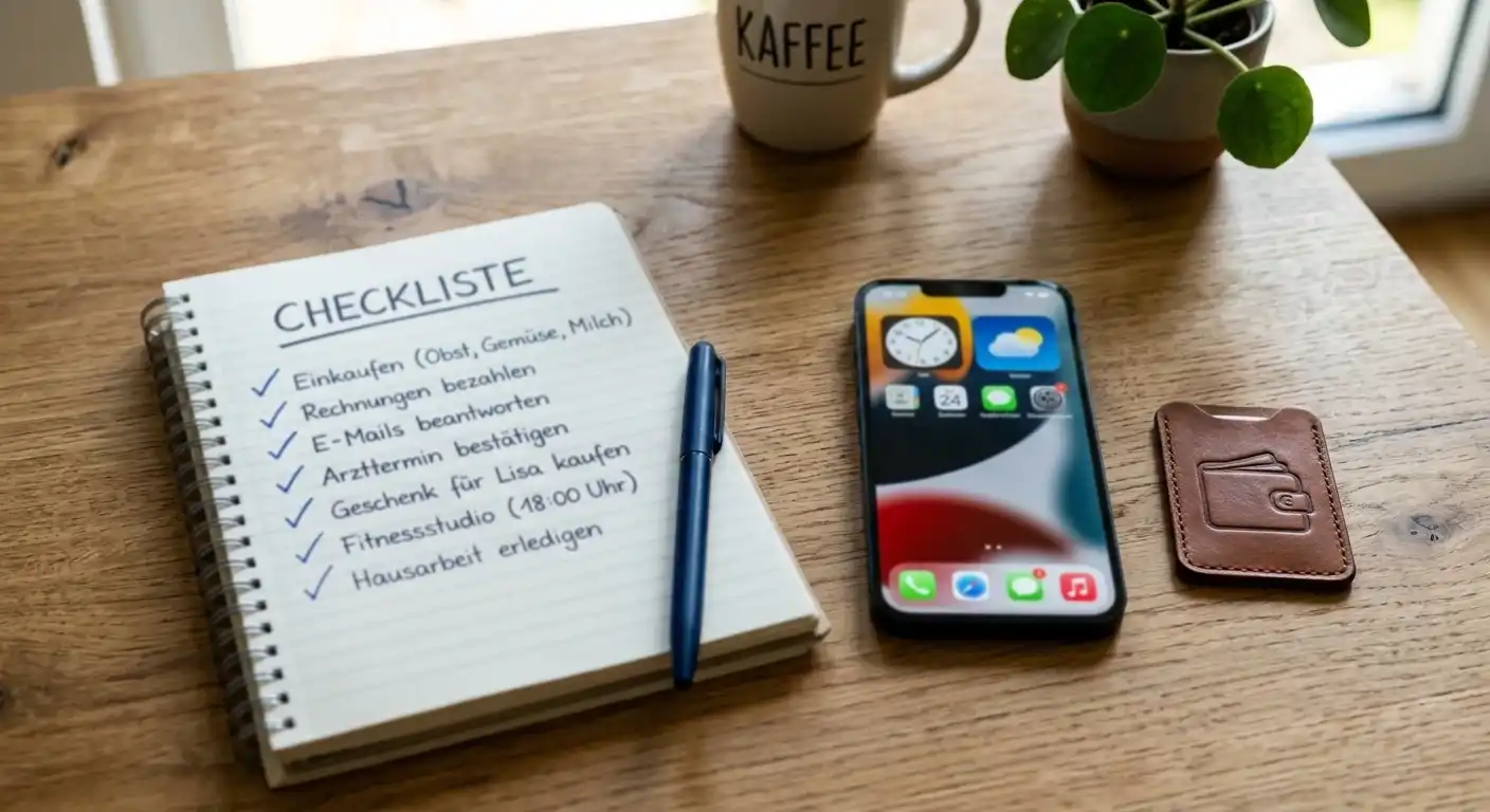 Schlichte Checkliste neben Smartphone und Wallet-Symbol ohne Markenlogo