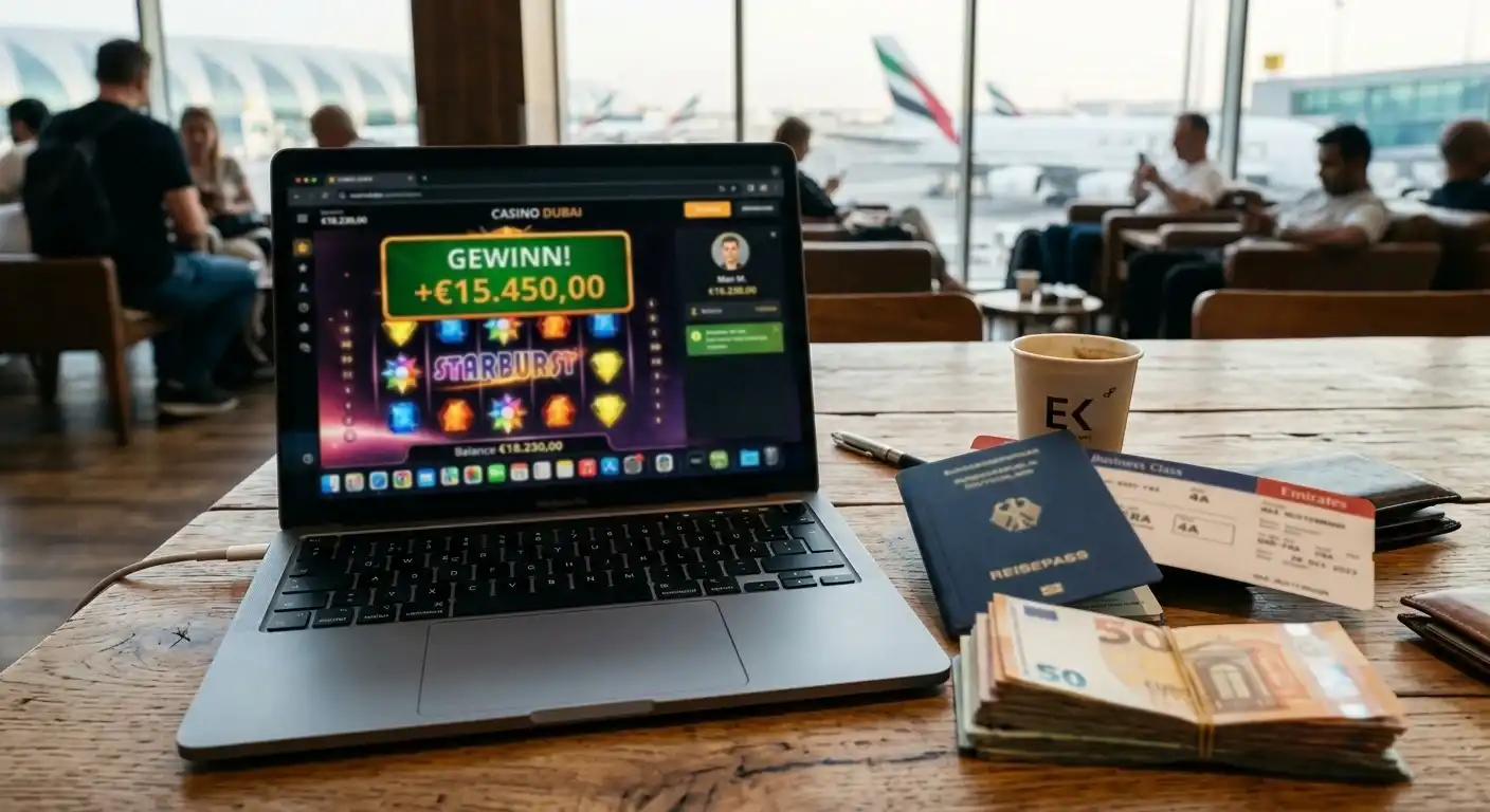 Reisepass und Boarding-Dokumente neben einem Laptop als Symbol für Auslandsgewinne im Casino