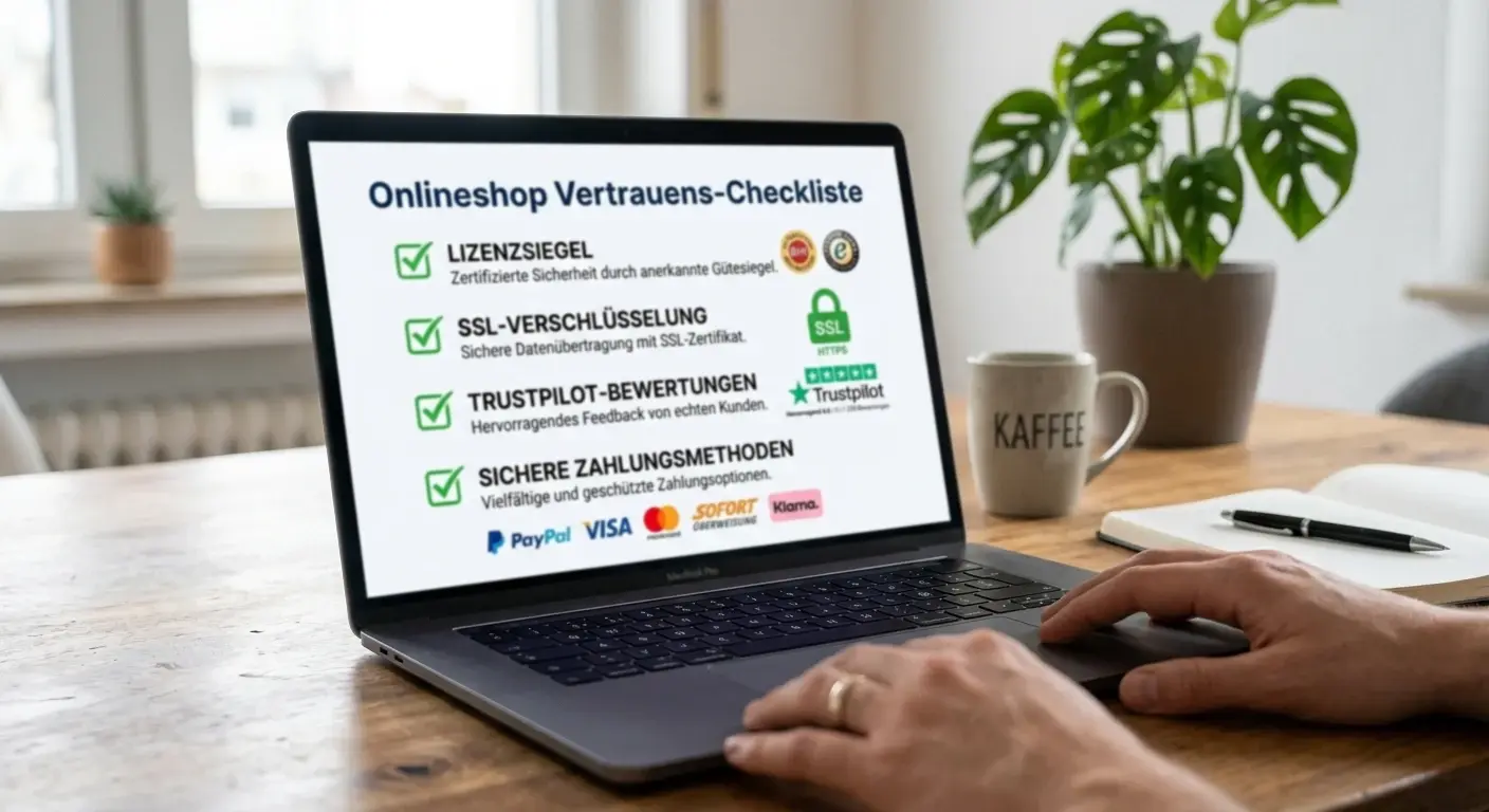 Checkliste mit Symbolen: Lizenzsigel, SSL-Schloss, Trustpilot-Sterne, Zahlungsmethoden-Logos