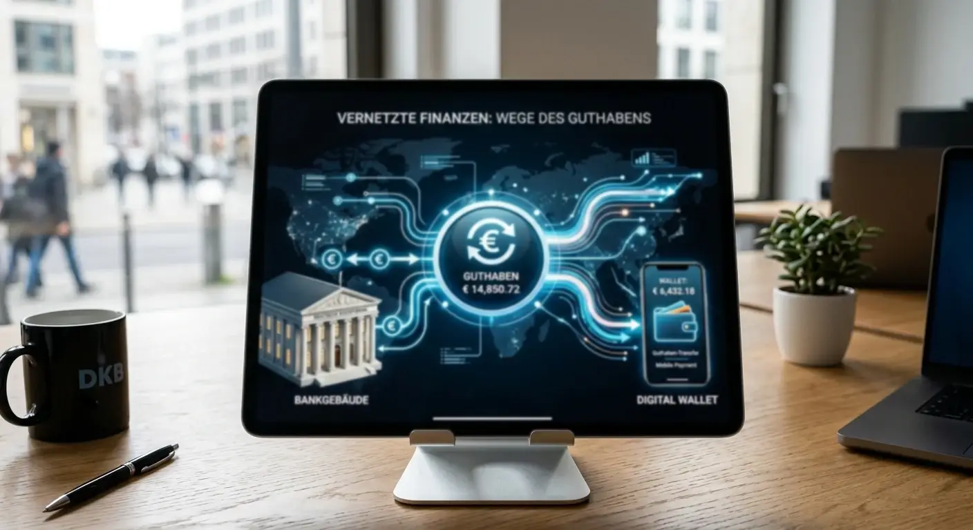 Abstrakte Wege führen von einem zentralen Guthaben-Symbol zu Bankgebäude und Wallet