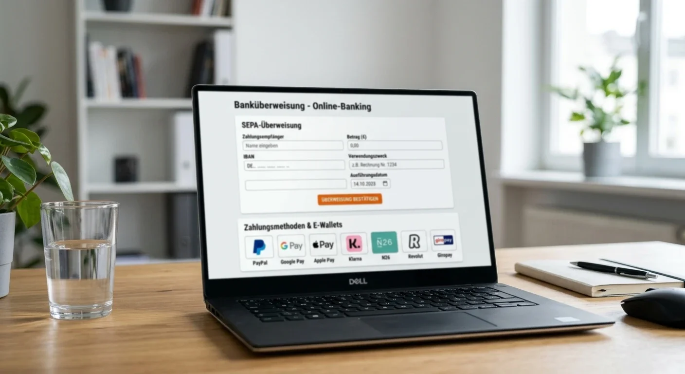Banküberweisung-Formular und E-Wallet-Icons auf Bildschirm