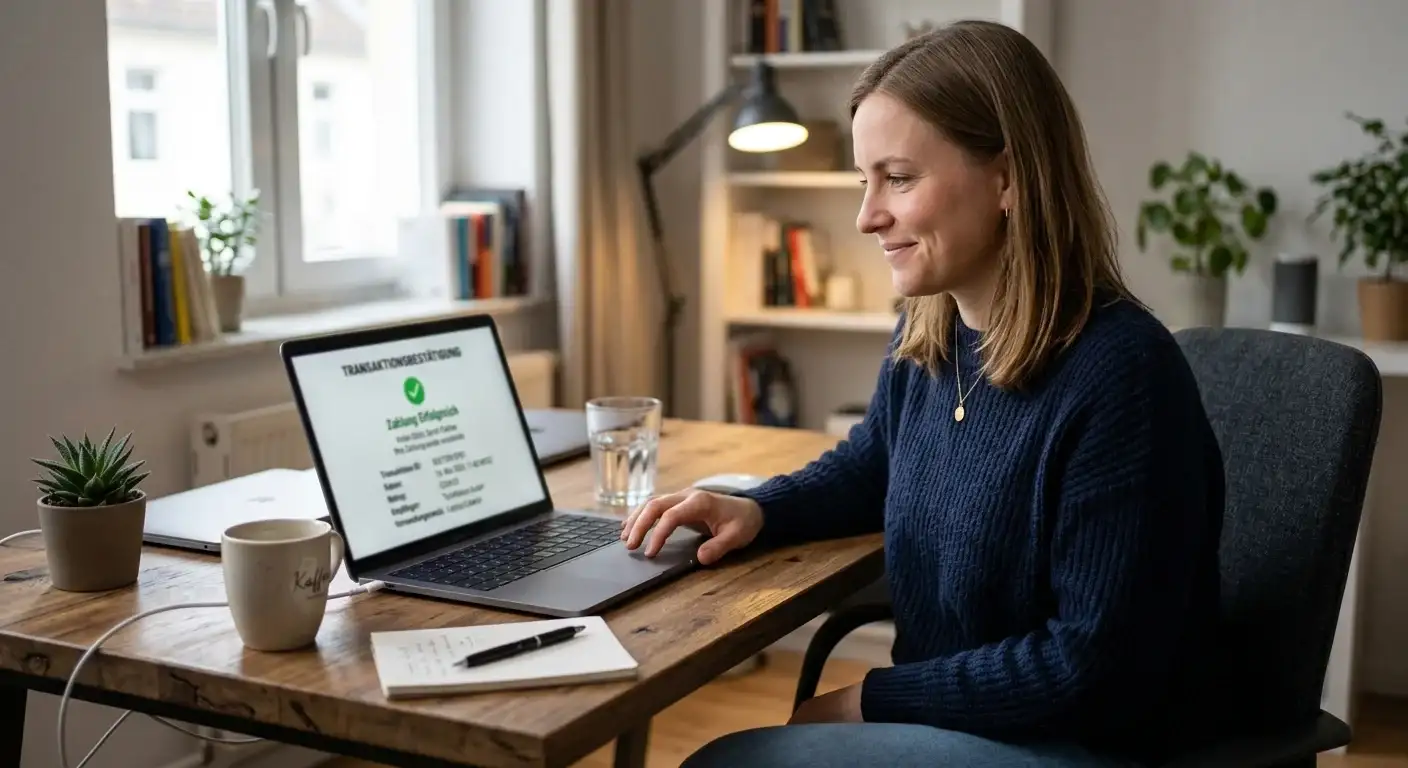 Person am Schreibtisch betrachtet eine Transaktionsbestätigung auf dem Laptop