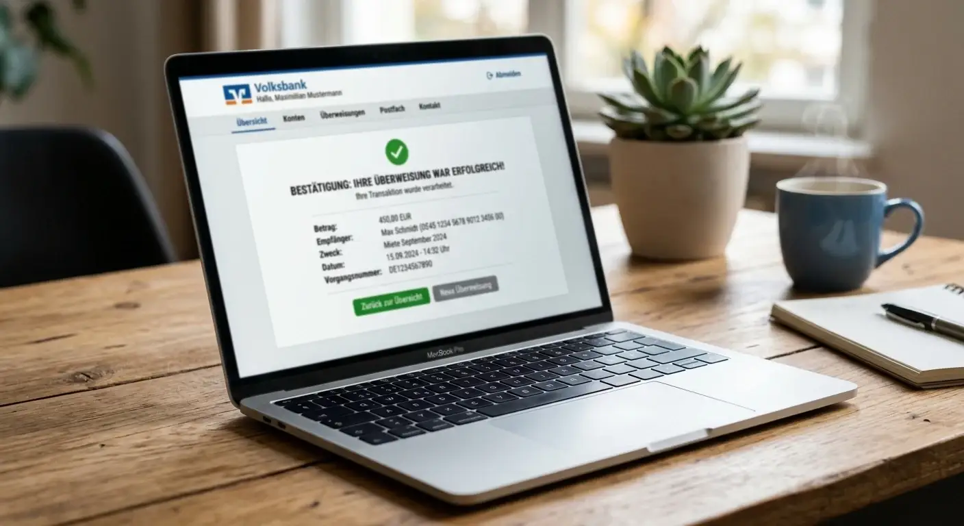 Laptop mit neutralem Bankinterface und Bestätigungsnachricht auf dem Bildschirm