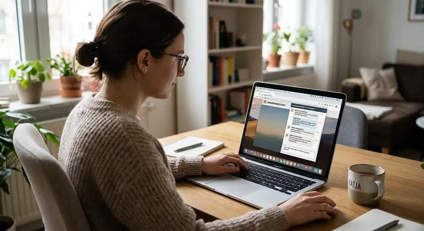 Person am Laptop mit Kundendienst-Chat-Fenster geöffnet