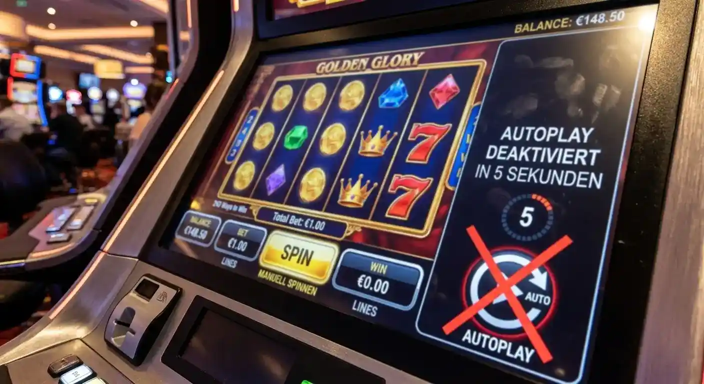 Durchgestrichener Autoplay-Button auf Spielautomaten-Interface mit 5-Sekunden-Timer