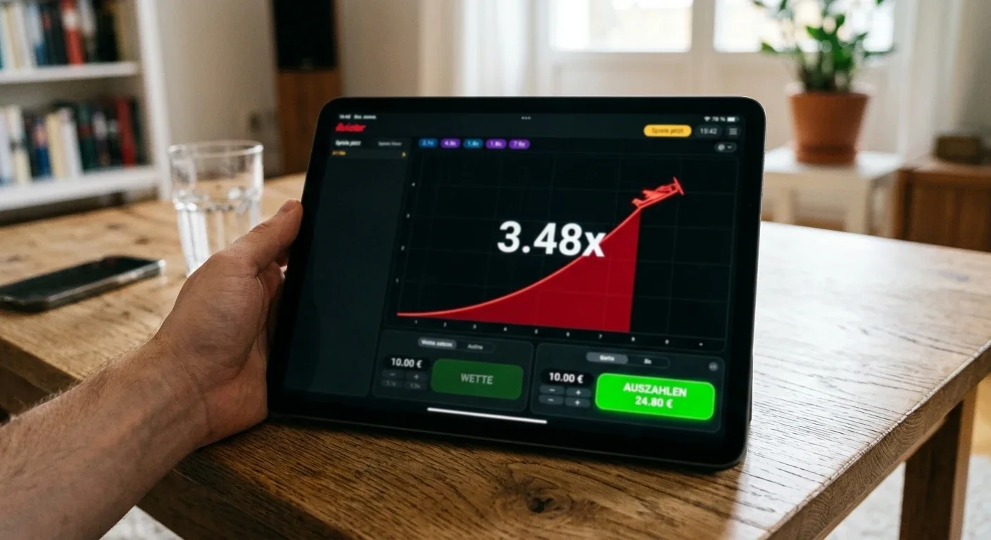 Tablet-Bildschirm zeigt Aviator Crash-Game-Interface mit roter Kurve und grünem Auszahlung-Button