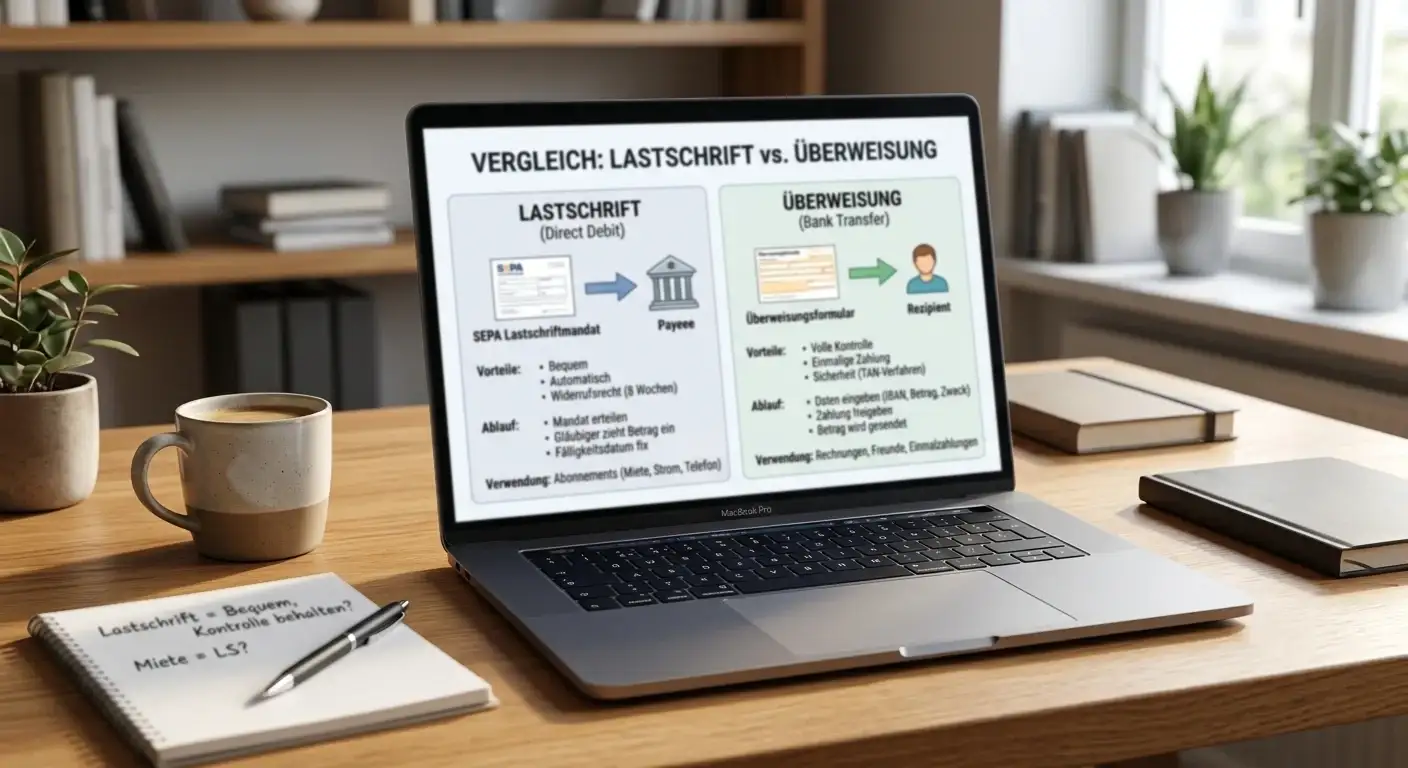 Vergleich von Lastschrift und Überweisung am Schreibtisch