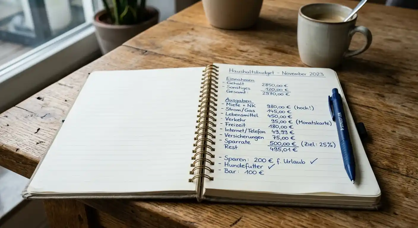 Notizbuch mit handschriftlichen Budgetnotizen und einem Kugelschreiber auf einem Holztisch