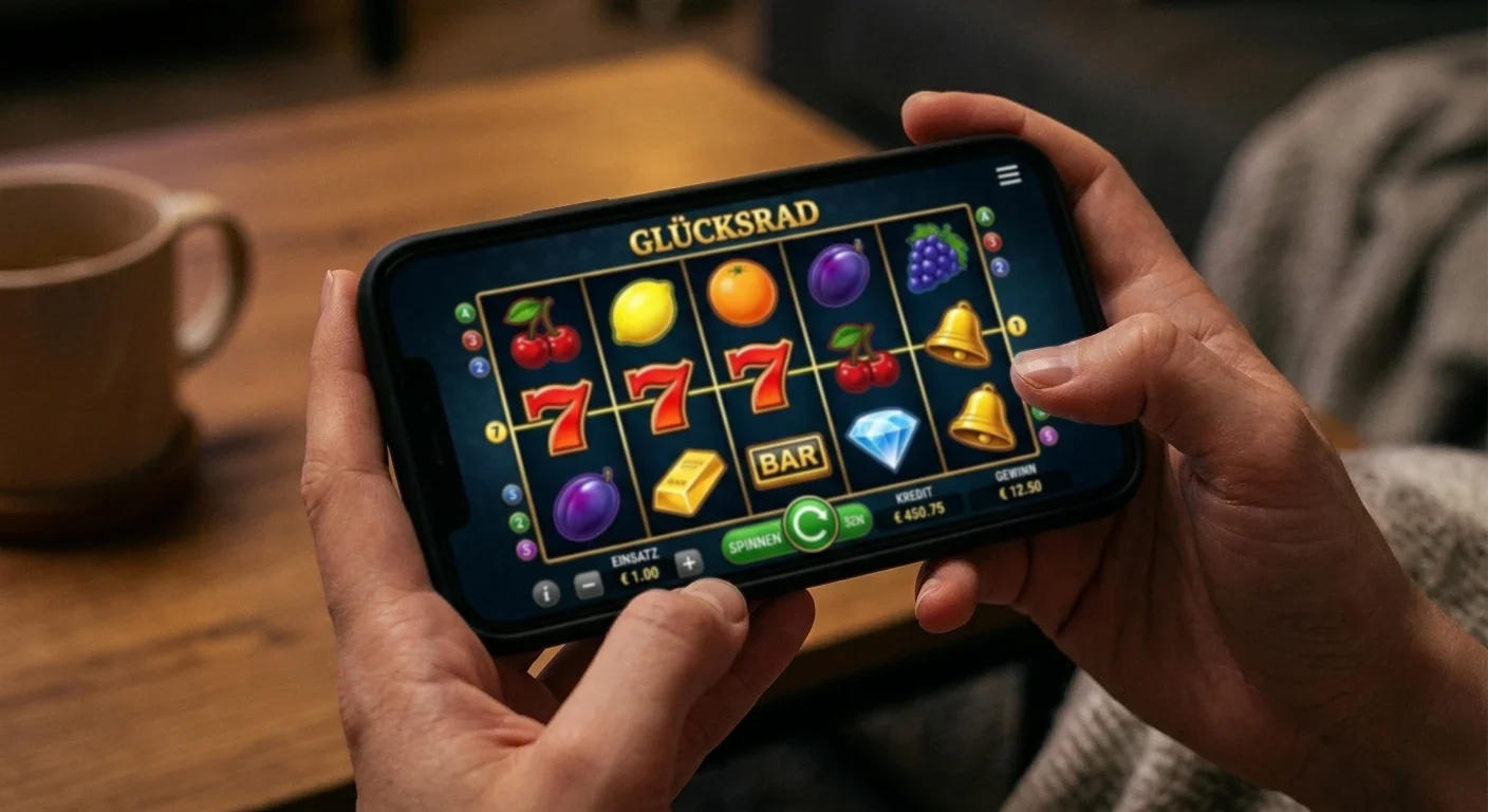 Generische Spielautomaten-Walzen mit Symbolen ohne Branding auf Smartphone-Display