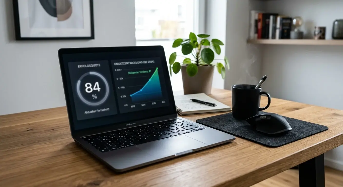 Schreibtisch mit Laptop, der eine abstrakte Prozentanzeige zeigt, daneben ein steigendes Liniendiagramm