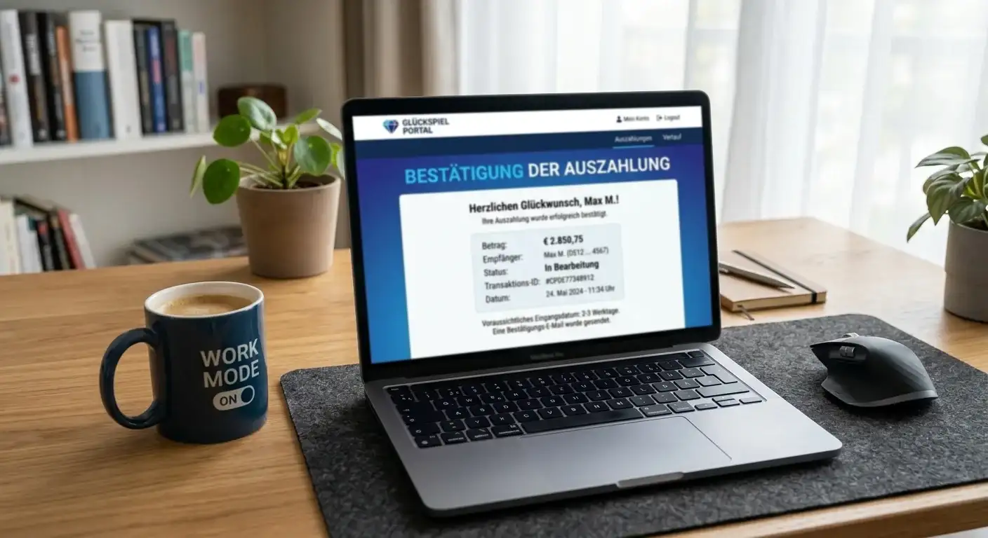 Schreibtisch mit Laptop und Casino-Auszahlungsbestätigung auf dem Bildschirm