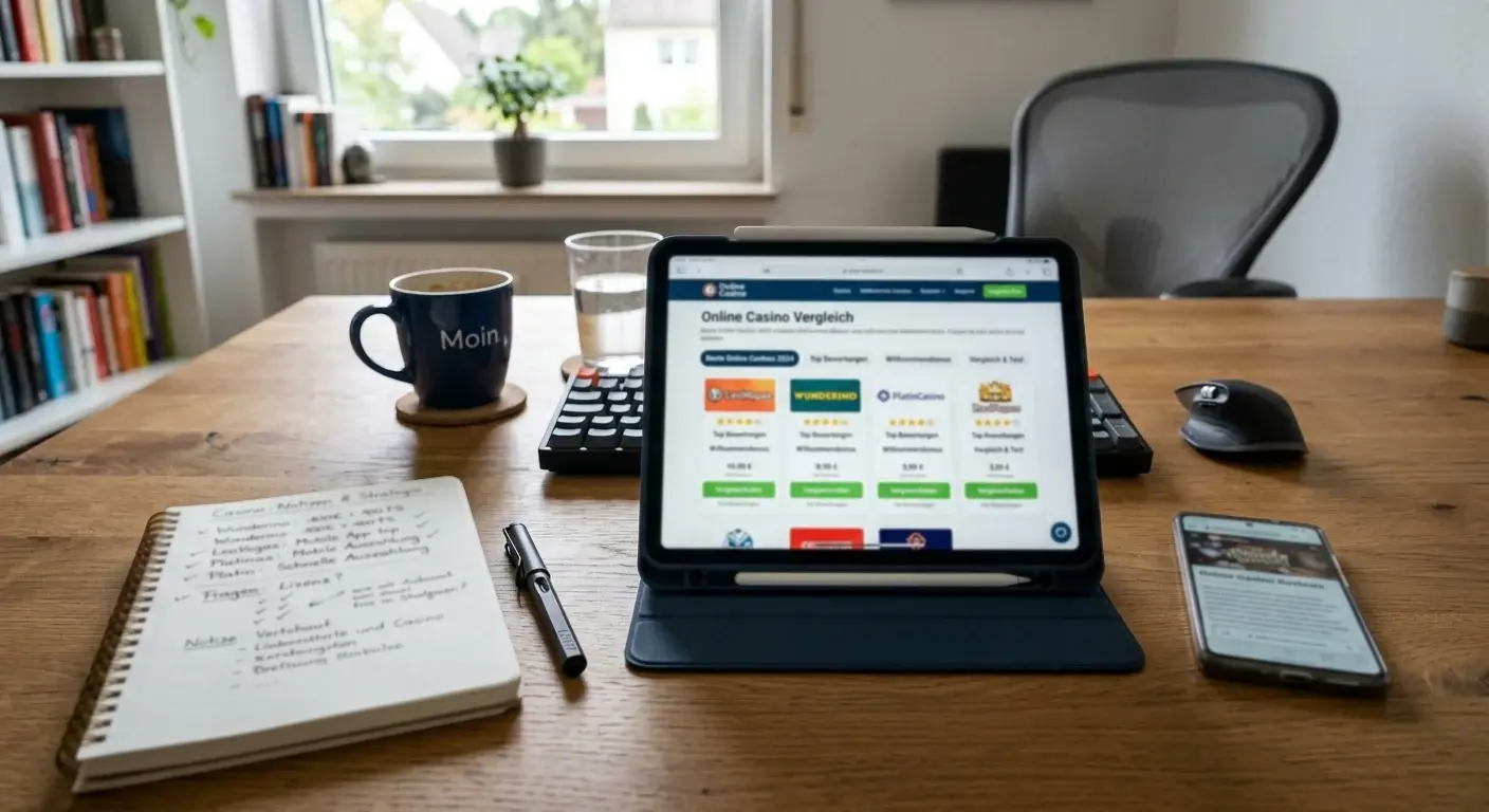 Arbeitsplatz mit Tablet, Notizen und Smartphone beim Casino-Vergleich
