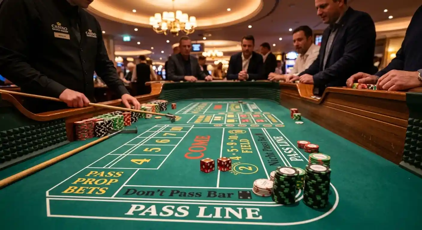 Craps-Tisch mit grünem Filz, zwei Würfeln und Spielchips in warmem Casino-Licht