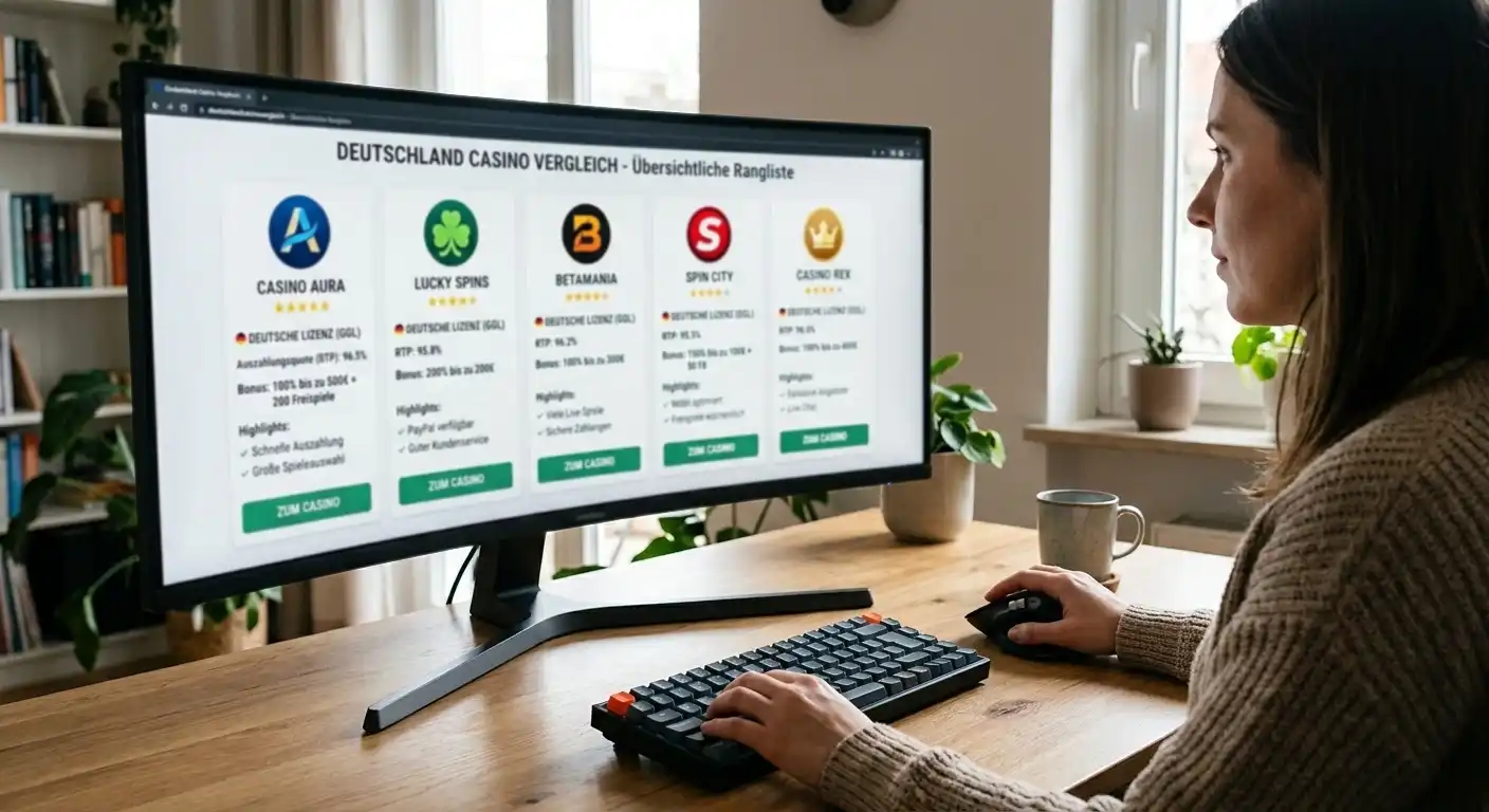 Übersichtliche Vergleichskarten mehrerer Online-Casinos mit Lizenz-, Auszahlungs- und Bonus-Angaben