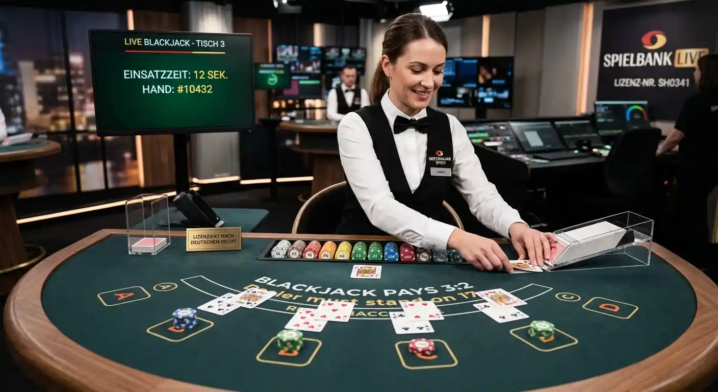Live-Blackjack-Tisch mit Croupier und Karten im lizenzierten Studio