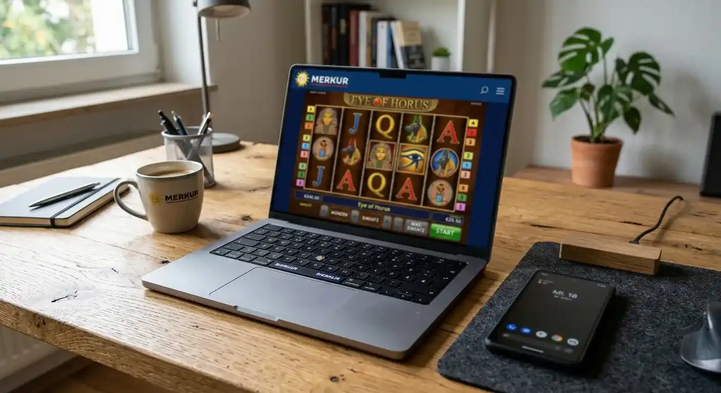 Laptop mit Merkur Slots und Smartphone auf Schreibtisch