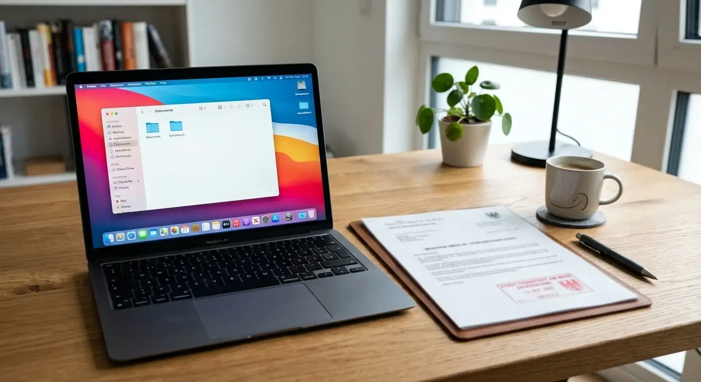 Moderner Schreibtisch mit Laptop und einem amtlich wirkenden Dokument mit schlichtem Stempel