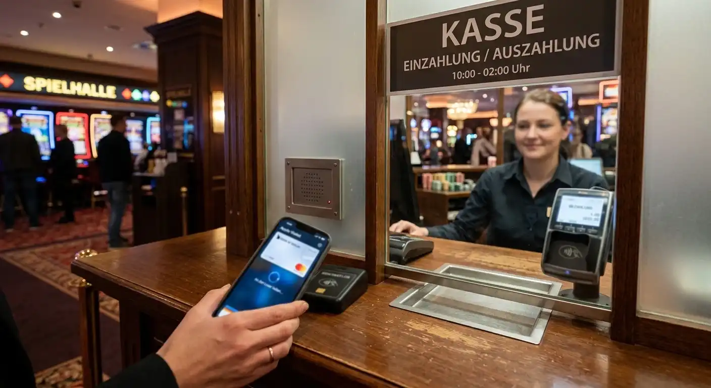 Apple-Pay-Wallet auf einem Smartphone neben einem neutralen Casino-Kassenfenster
