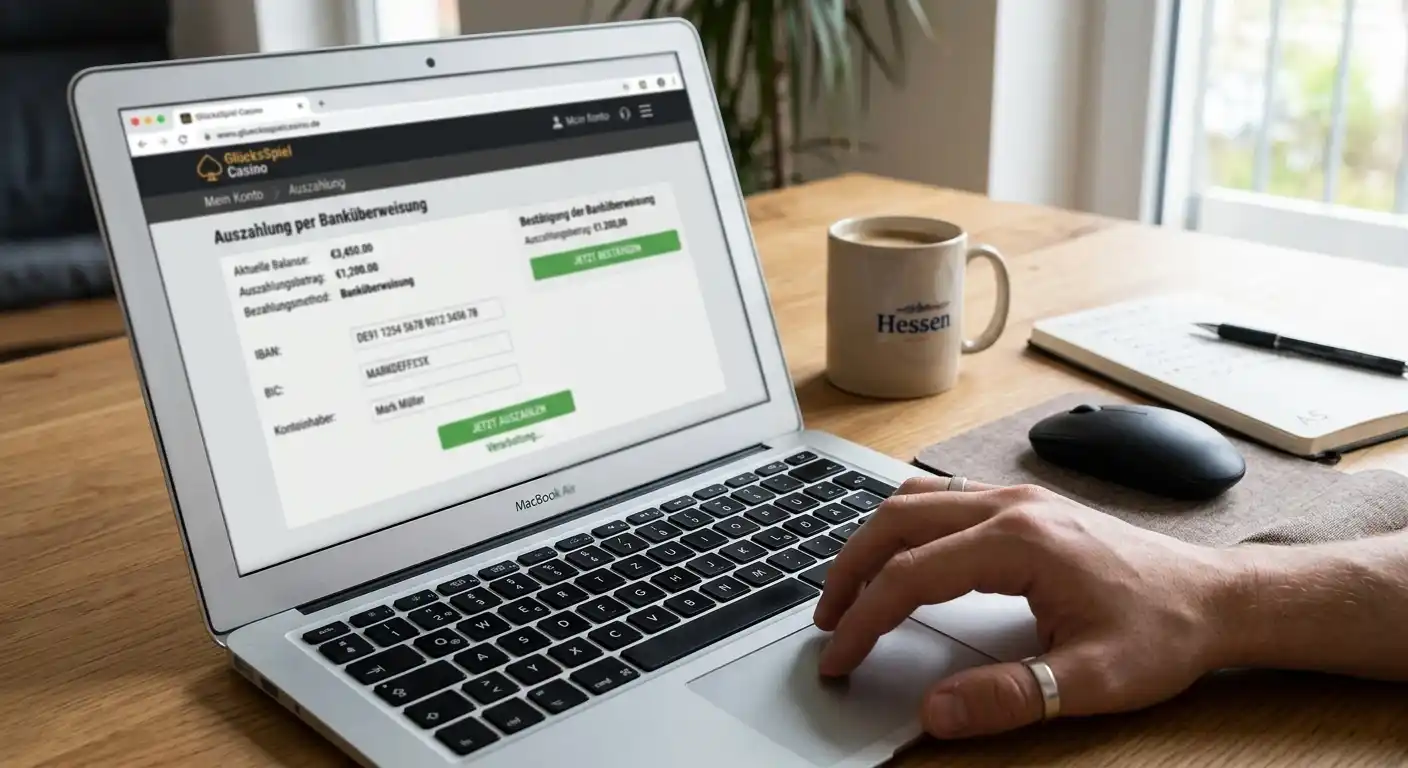 Banküberweisung im deutschen Online-Casino auf einem neutralen Laptop-Arbeitsplatz