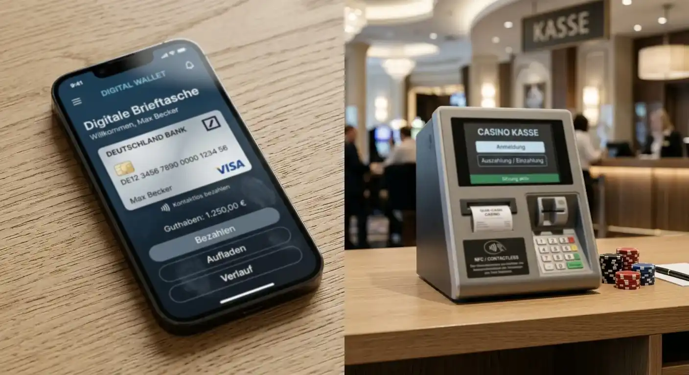 Smartphone mit digitalem Wallet neben neutraler Casino-Kassenseite