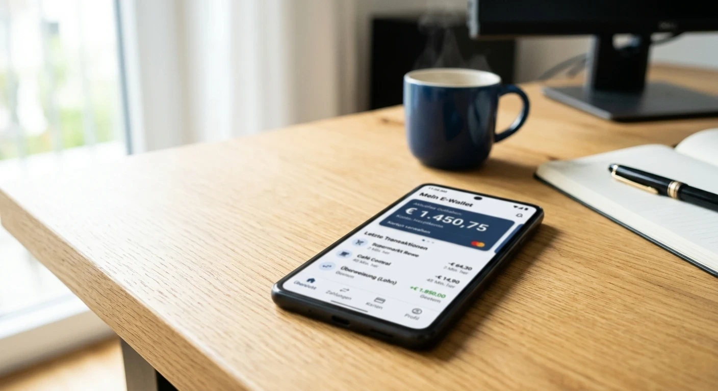 Smartphone mit E-Wallet-Oberfläche und Euro-Symbol auf einem hellen Schreibtisch