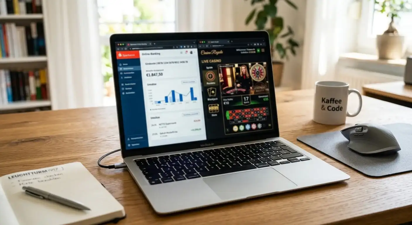 Laptop auf Schreibtisch mit Banking-App und Casino-Interface