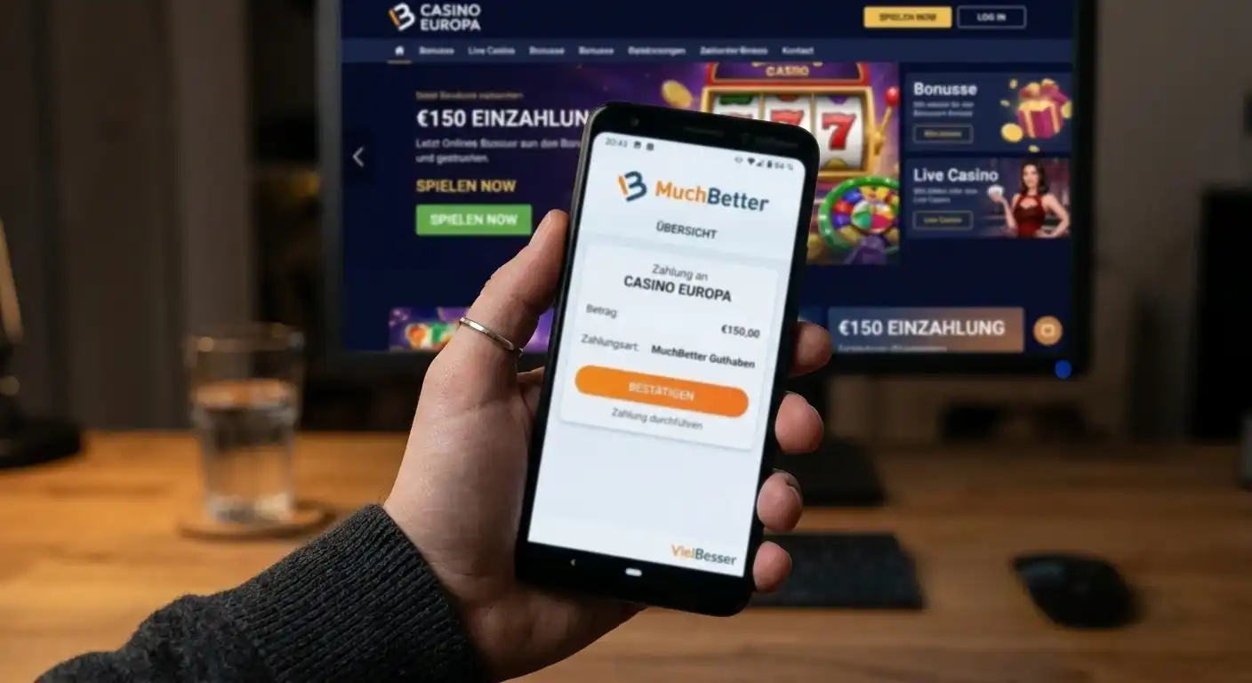 Smartphone mit geöffneter MuchBetter-App und Casino-Zahlungsbildschirm im Hintergrund