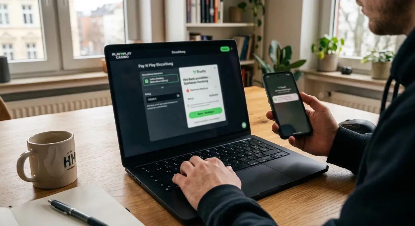 Pay N Play Einzahlung per Online-Banking am Laptop im deutschen Online-Casino