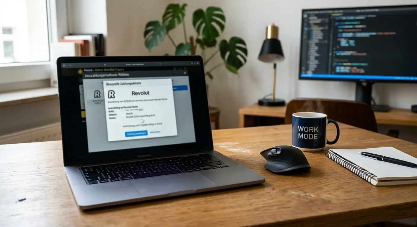 Laptop mit neutraler Casino-Kasse und Revolut-Zahlungsprüfung auf einem Schreibtisch