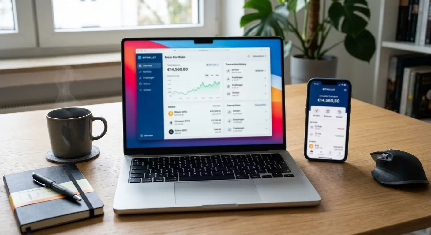 Laptop und Smartphone mit digitaler Wallet-Oberfläche auf einem modernen Schreibtisch