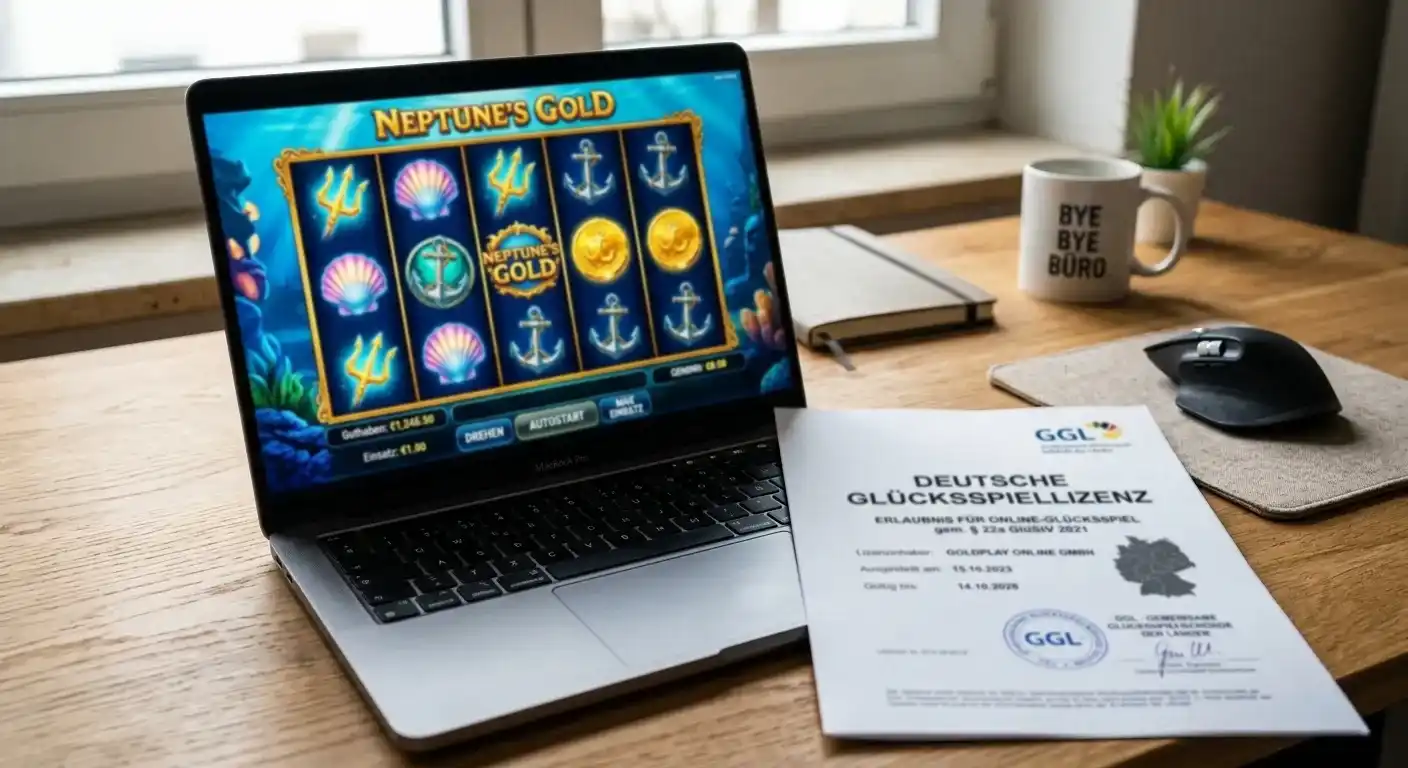 Moderne Online-Spielautomaten auf Laptop-Bildschirm mit deutschem Lizenz-Dokument