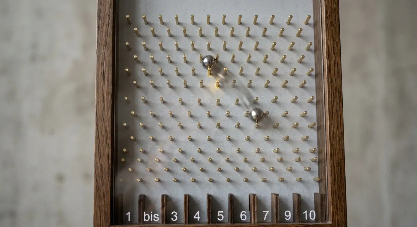 Kugel fällt durch ein Pin-Gitter auf einem neutralen Hintergrund – Plinko-Spielmechanik