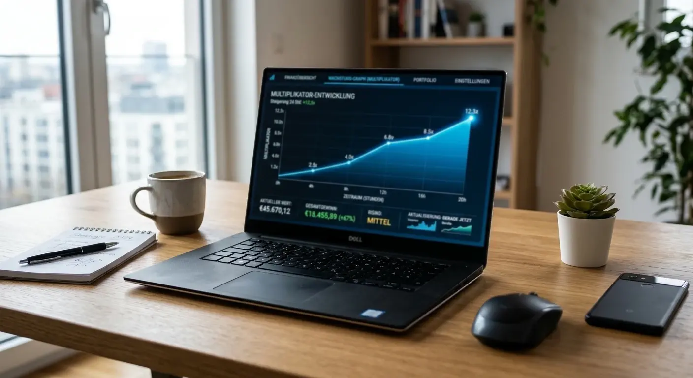 Laptop zeigt steigenden Multiplikator-Graphen auf modernem Schreibtisch