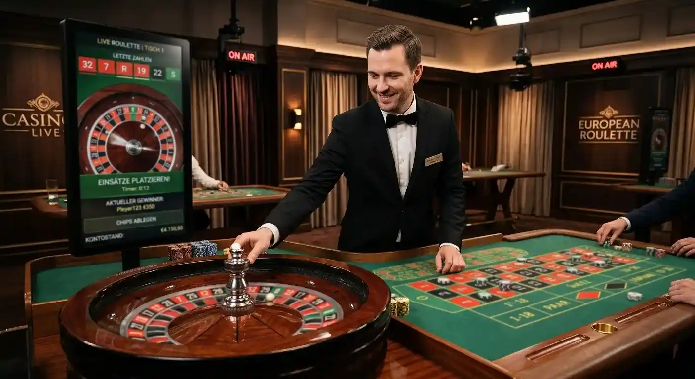 Live-Croupier Casino Studio mit Roulette-Tisch und professionellem Croupier