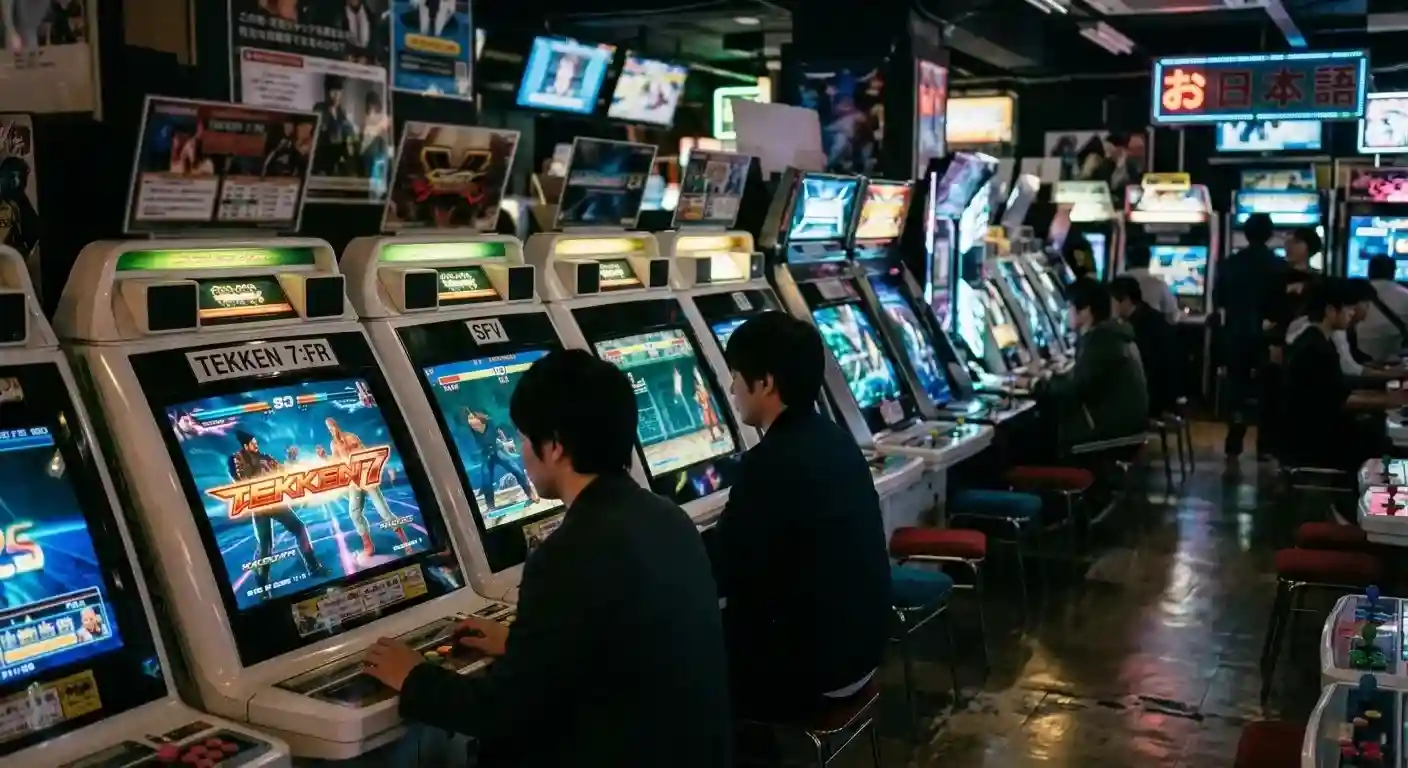 Stimmungsvolle Ansicht einer digitalen Spielhalle mit sanft leuchtenden Bildschirmen