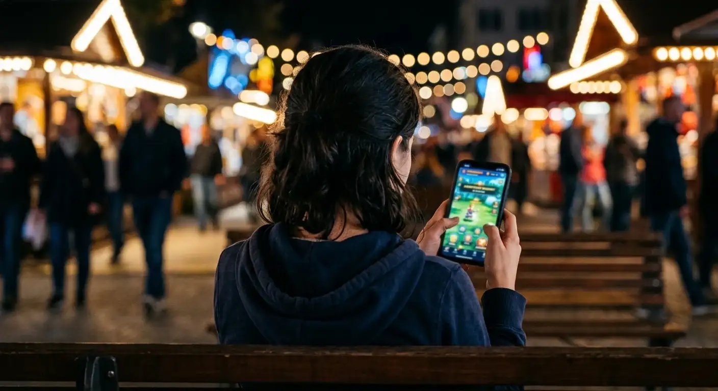 Person, die auf einem Mobiltelefon ein Spiel bedient, im Hintergrund unscharfe Lichter