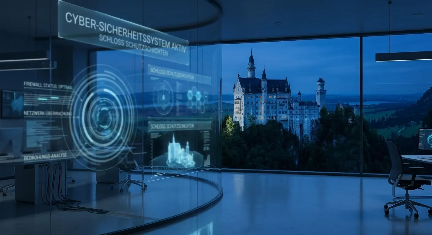 Abstraktes Motiv aus Schloss und digitalen Schutzschichten in kühlem Blau