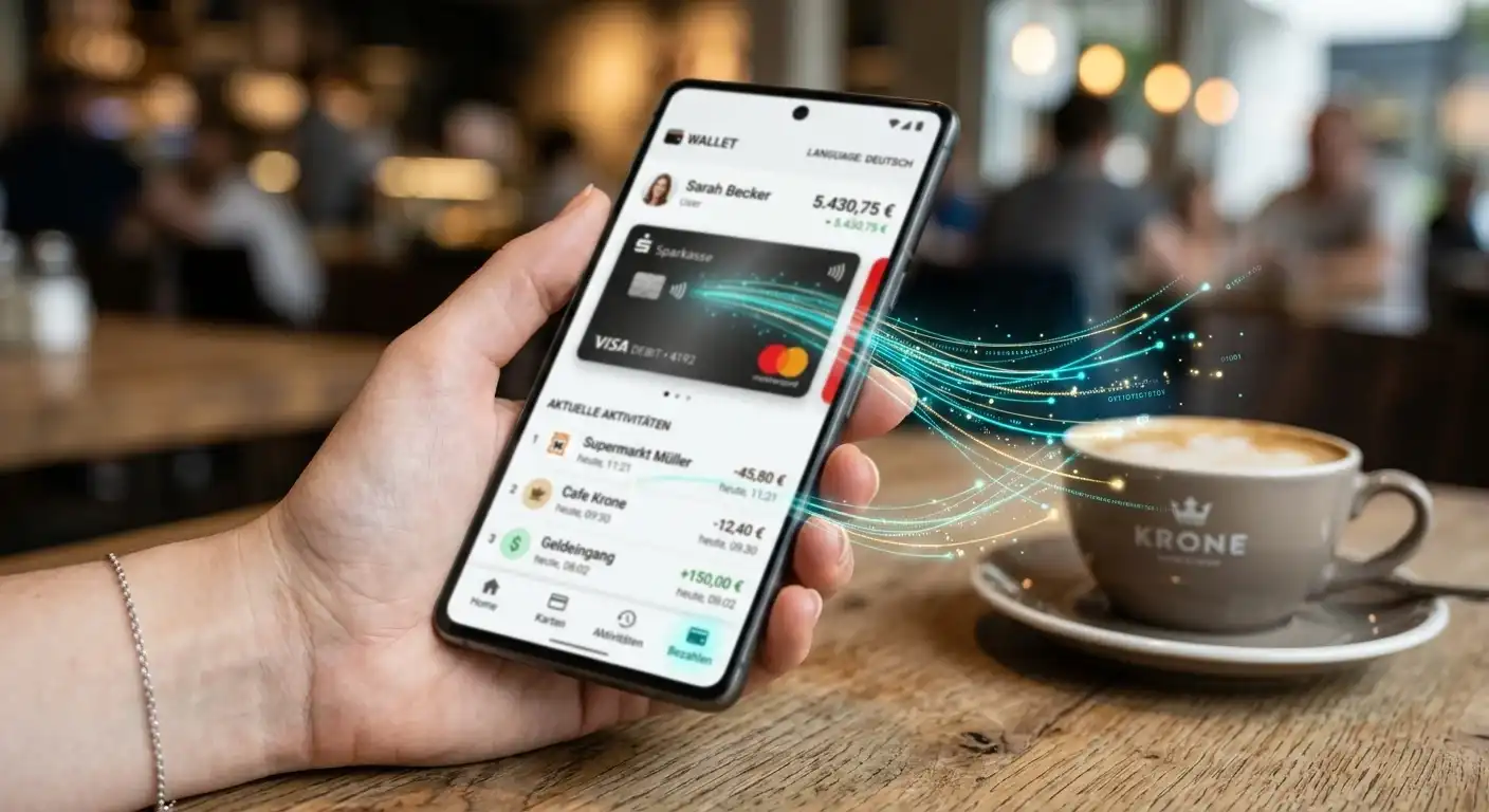 Abstrakte Visualisierung einer digitalen Geldbörse mit fließenden Datenlinien