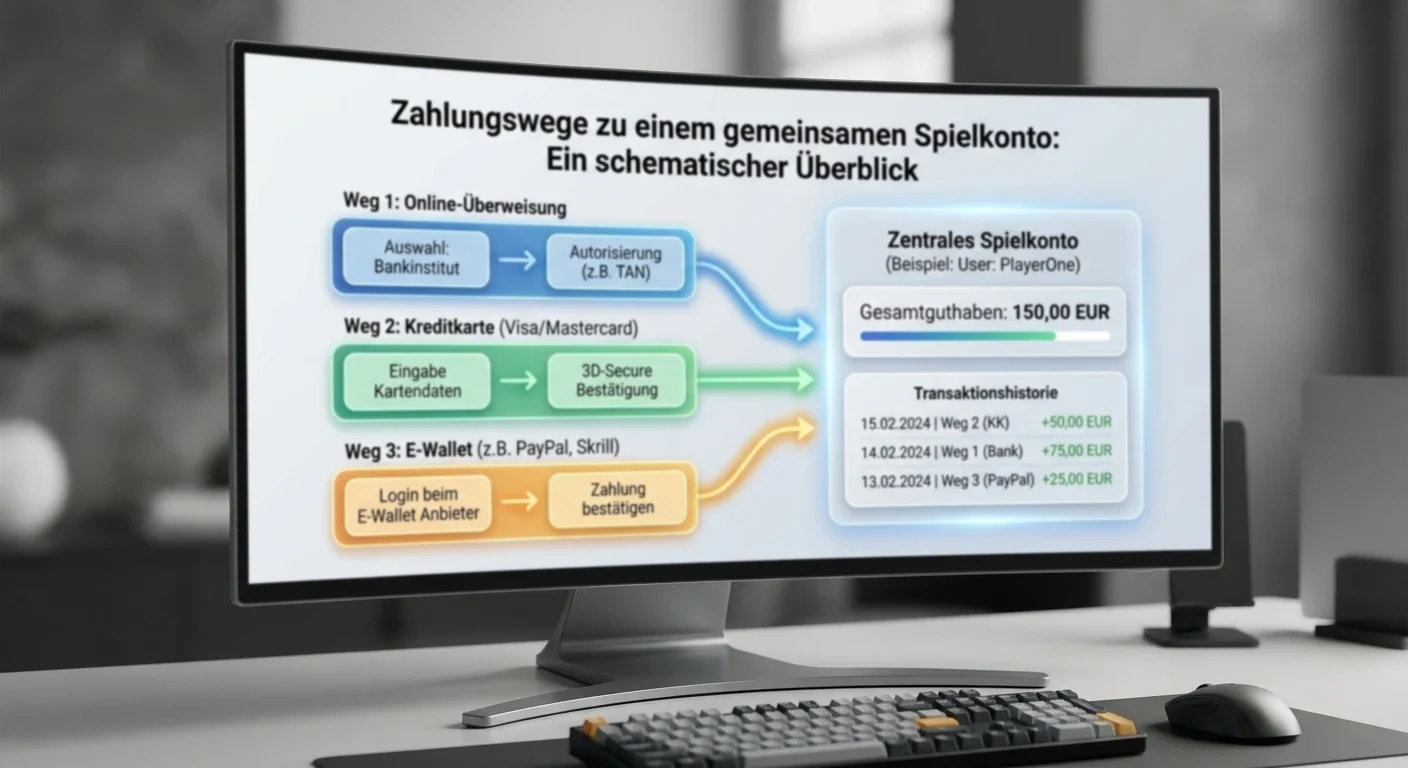 Schematische Darstellung dreier getrennter Zahlungswege, die zu einem gemeinsamen Spielkonto führen