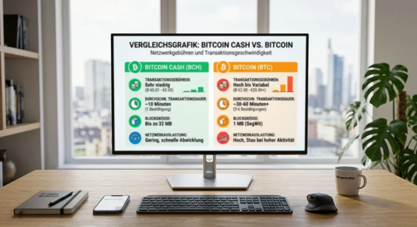 Vergleichsgrafik Bitcoin Cash und Bitcoin Netzwerkgebühren und Transaktionsgeschwindigkeit