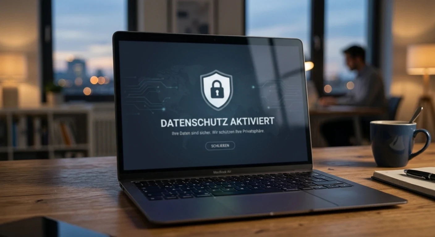 Symbolische Darstellung von Datenschutz mit einem Schloss-Symbol auf einem Bildschirm, gedämpfte Farben