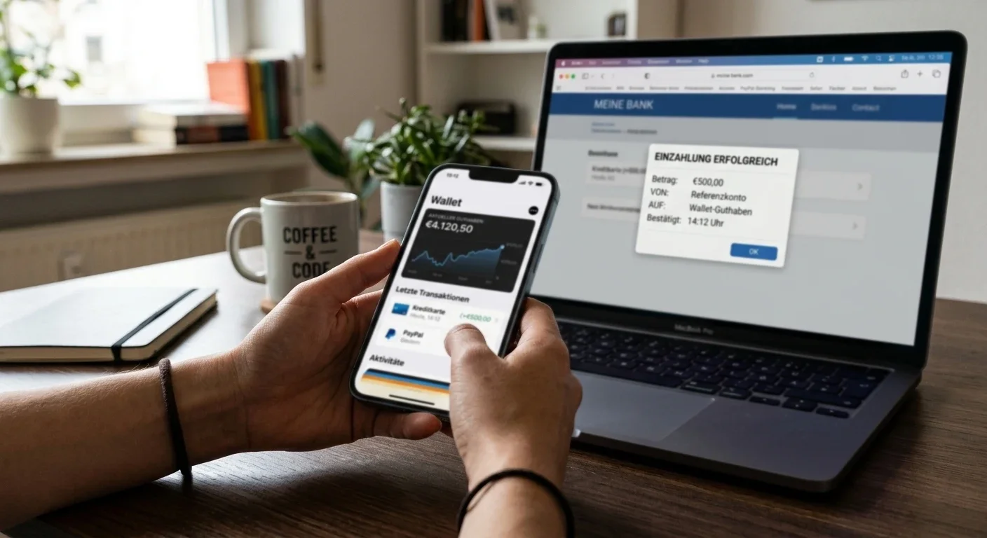 Hände halten ein Smartphone mit einer Wallet-App, im Hintergrund ein Laptop mit Einzahlungsdialog