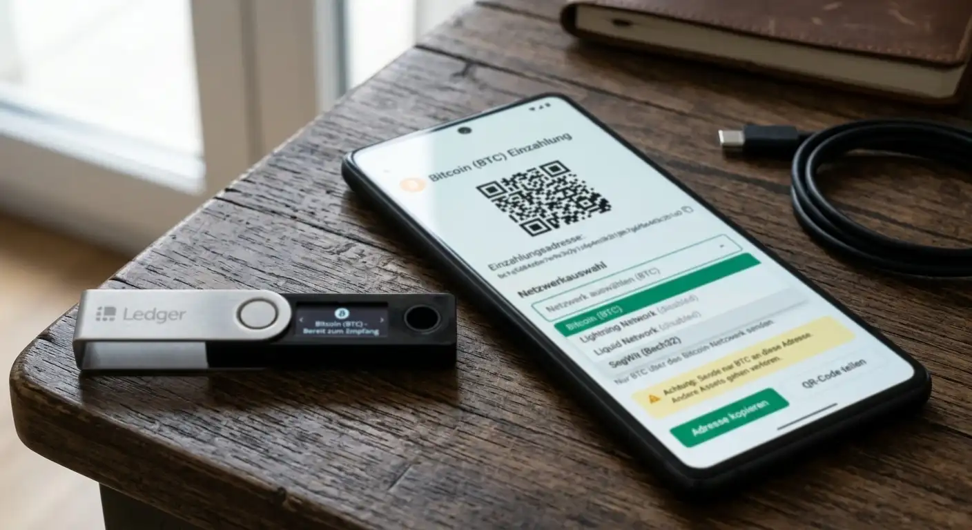 Nahaufnahme eines Einzahlungsbildschirms mit Bitcoin-Adresse und Netzwerkauswahl neben einem Smartphone-Wallet