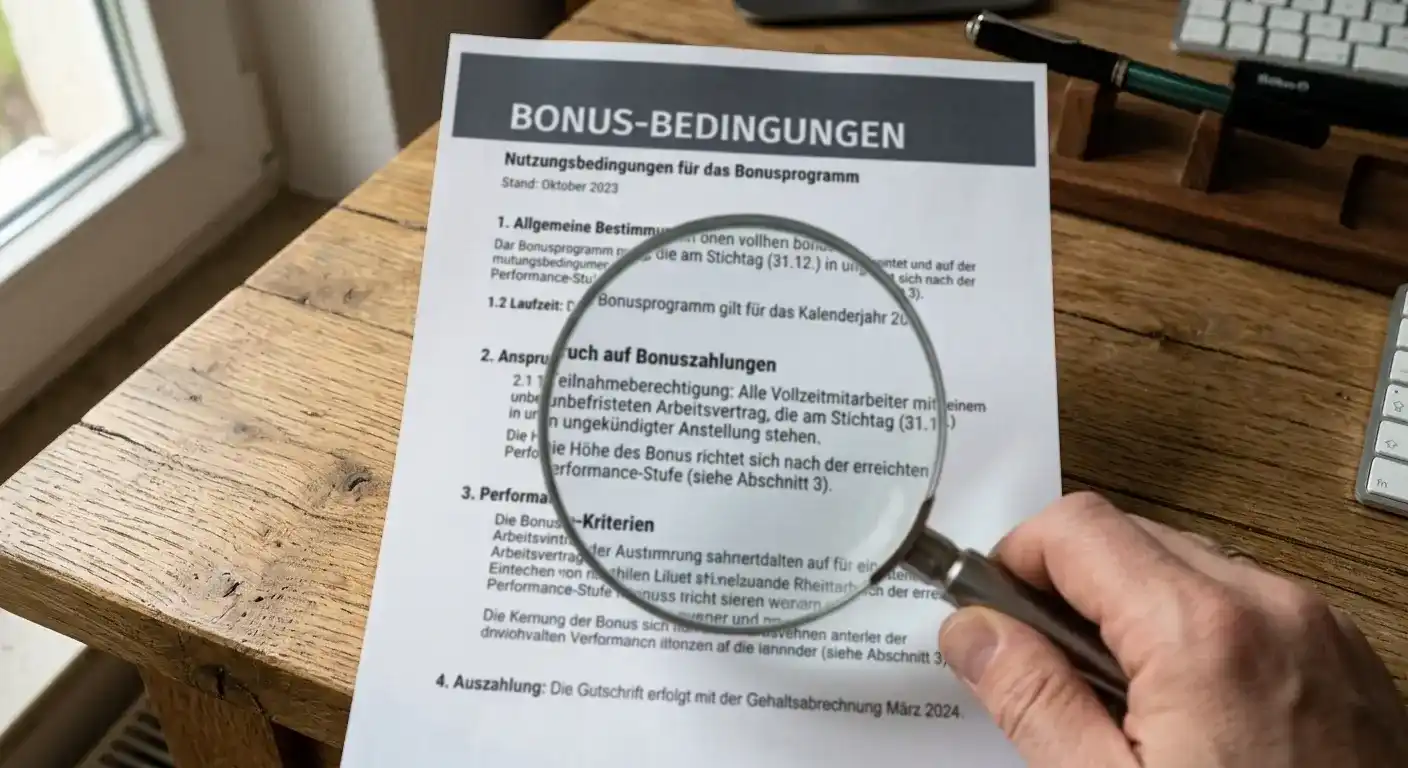 Dokument mit Bonus-Bedingungen und Lupe